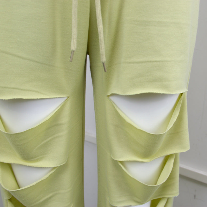 Autumn New High Waist Pants with Broken Holes Casual Loose Tight Waist Wide Leg Pants