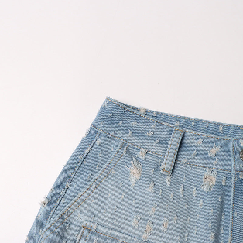 Autumn trend design blue ripped distressed multi-pocket high waist long jeans overalls