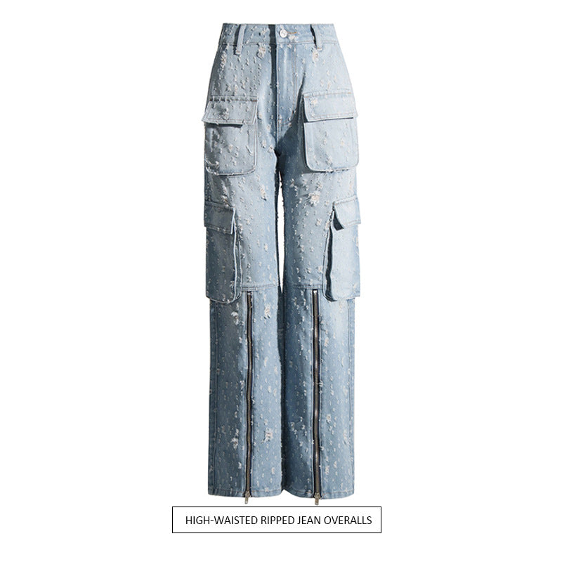 Autumn trend design blue ripped distressed multi-pocket high waist long jeans overalls