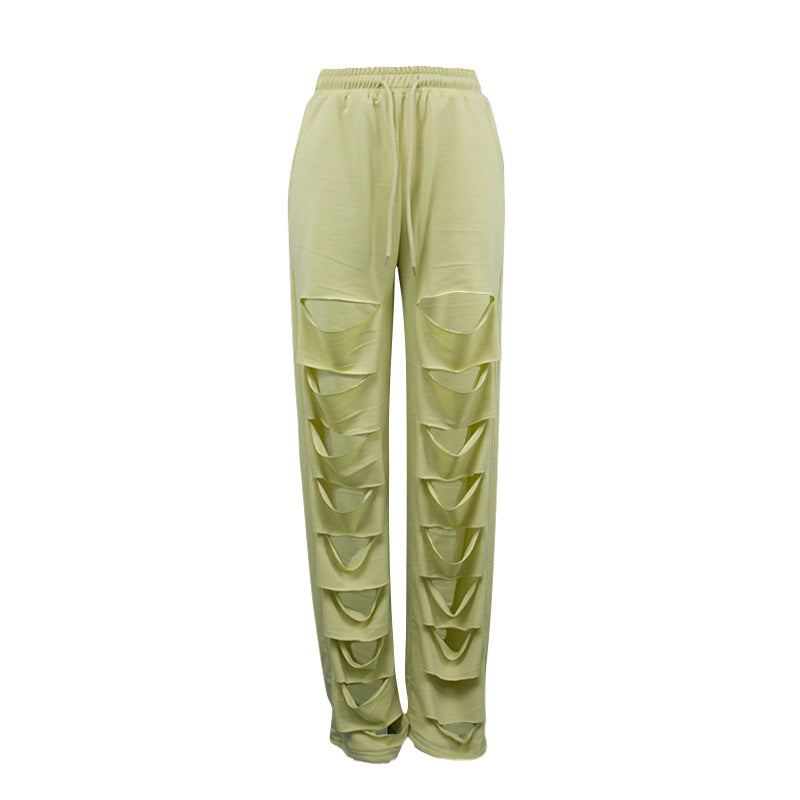 Autumn New High Waist Pants with Broken Holes Casual Loose Tight Waist Wide Leg Pants