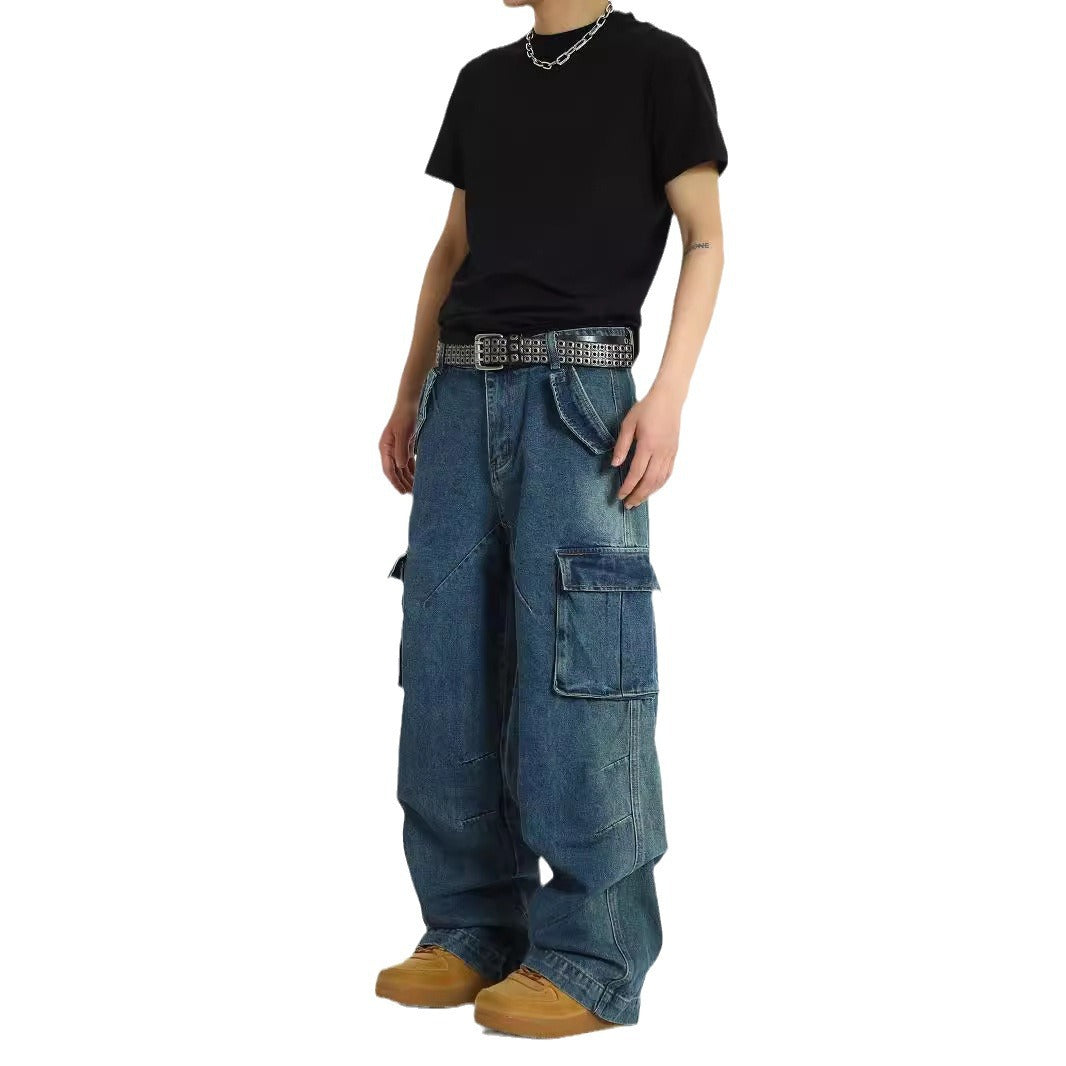 American retro multi pocket heavy-duty jeans men's washed and worn pants street hip-hop high waisted straight leg work pants