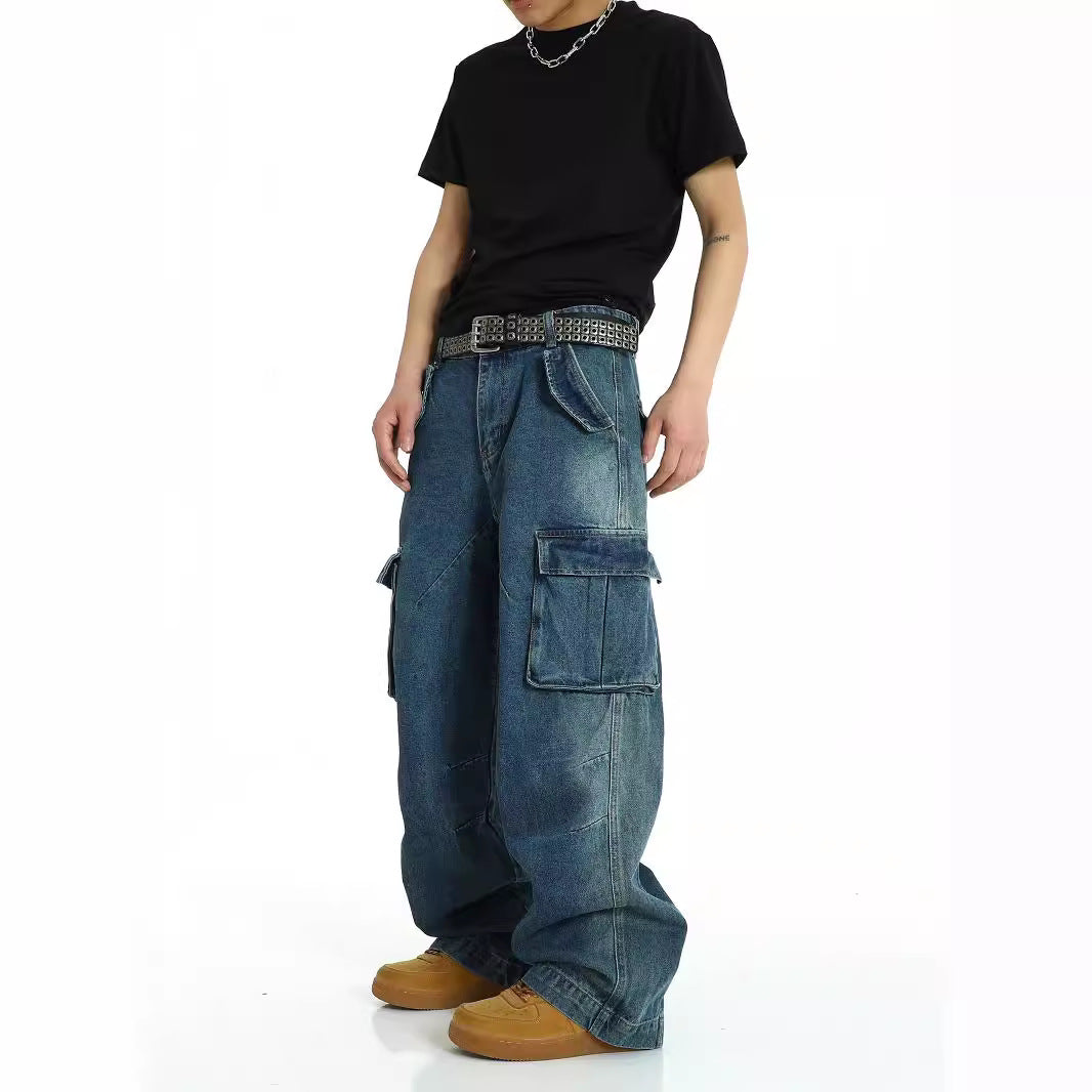 American retro multi pocket heavy-duty jeans men's washed and worn pants street hip-hop high waisted straight leg work pants