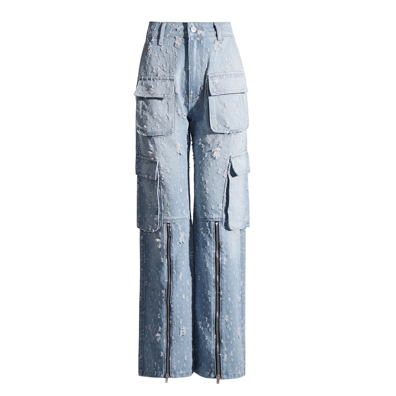 Autumn trend design blue ripped distressed multi-pocket high waist long jeans overalls