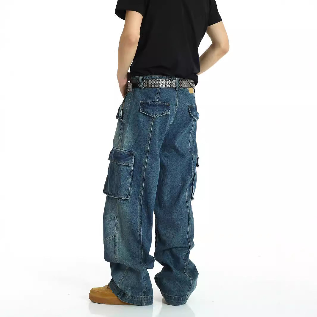 American retro multi pocket heavy-duty jeans men's washed and worn pants street hip-hop high waisted straight leg work pants