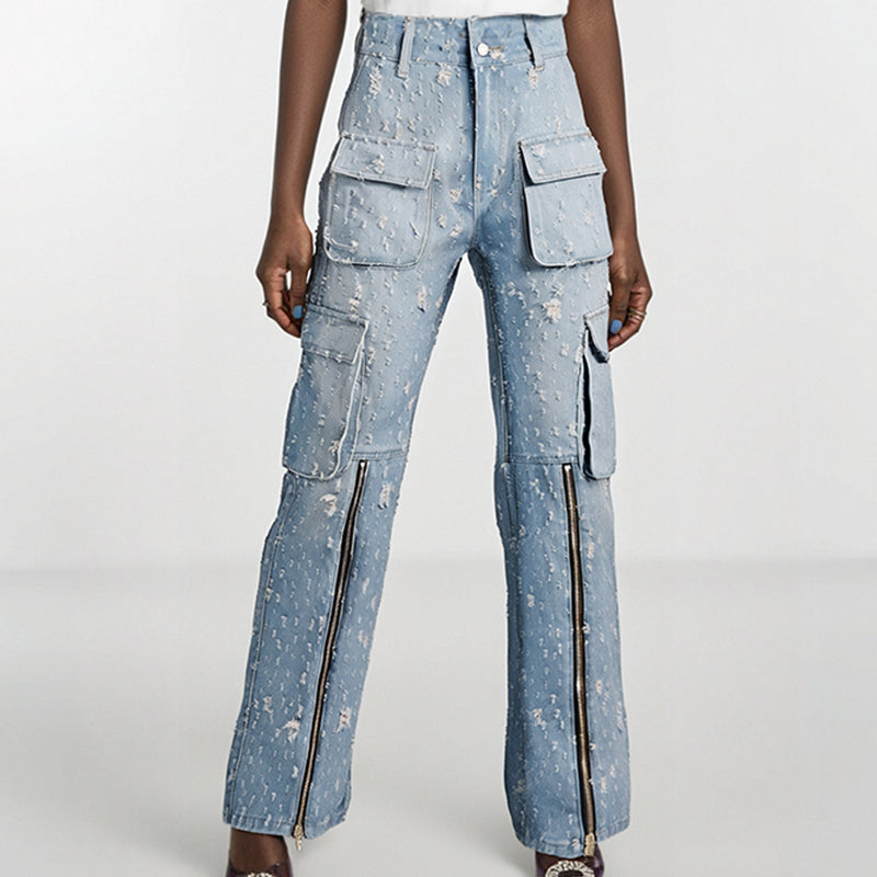 Autumn trend design blue ripped distressed multi-pocket high waist long jeans overalls