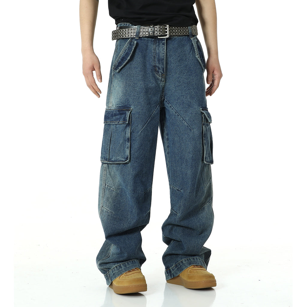 American retro multi pocket heavy-duty jeans men's washed and worn pants street hip-hop high waisted straight leg work pants