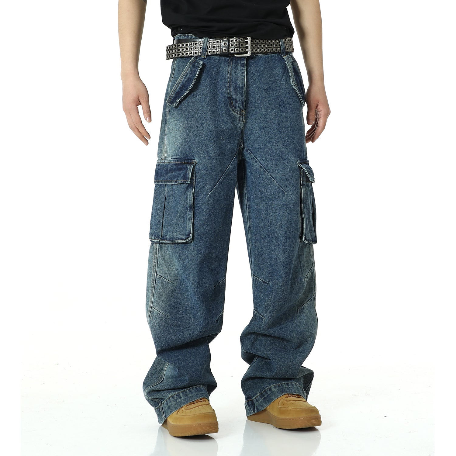 American retro multi pocket heavy-duty jeans men's washed and worn pants street hip-hop high waisted straight leg work pants
