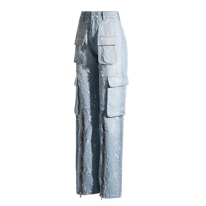 Autumn trend design blue ripped distressed multi-pocket high waist long jeans overalls