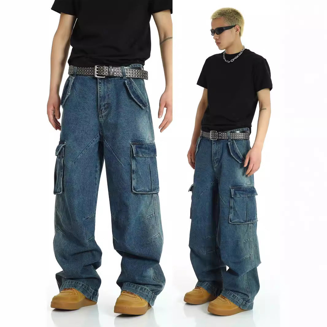 American retro multi pocket heavy-duty jeans men's washed and worn pants street hip-hop high waisted straight leg work pants