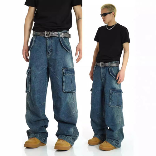 American retro multi pocket heavy-duty jeans men's washed and worn pants street hip-hop high waisted straight leg work pants