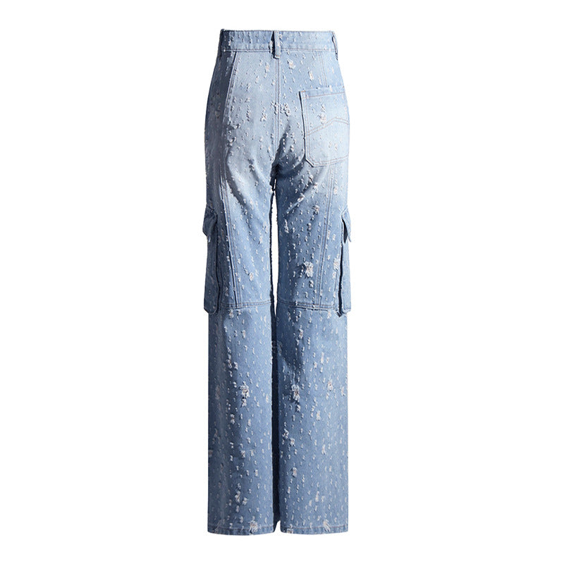 Autumn trend design blue ripped distressed multi-pocket high waist long jeans overalls