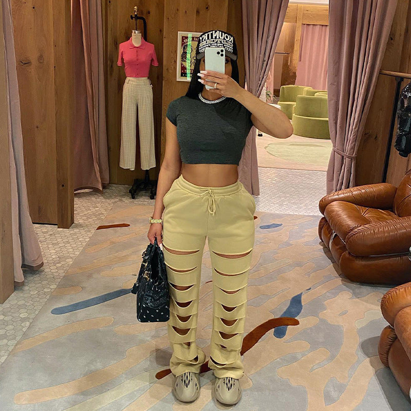Autumn New High Waist Pants with Broken Holes Casual Loose Tight Waist Wide Leg Pants