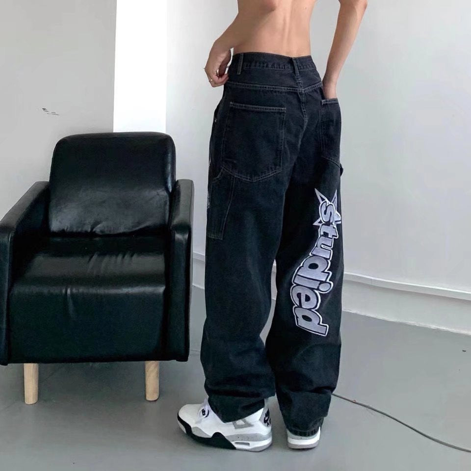 American retro vibe China-Chic high street pants ins fashion brand European American hiphop fried street jeans men's design sense