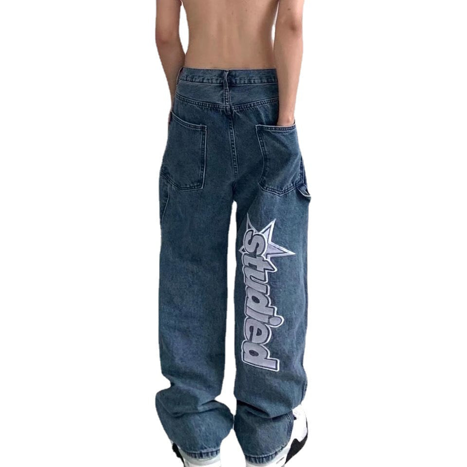 American retro vibe China-Chic high street pants ins fashion brand European American hiphop fried street jeans men's design sense
